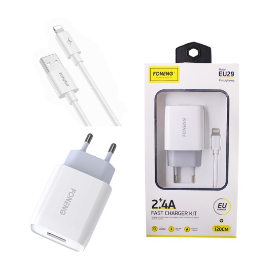 Carregador Rápido Foneng EU29 com Relâmpago Cabo 1USB 2.4A Branco